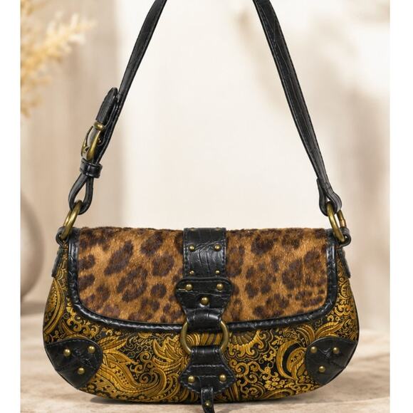 Nine West Handbags - Y2K Leopard Fur Paisley Baguette Bag Gothic Boho Shoulder Purse Brass Hardware